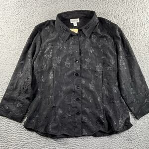 COLDWATER CREEK BLOUSE WOMENS PETITE PXL BLACK FLORAL BUTTON NWT NEW COLLARED